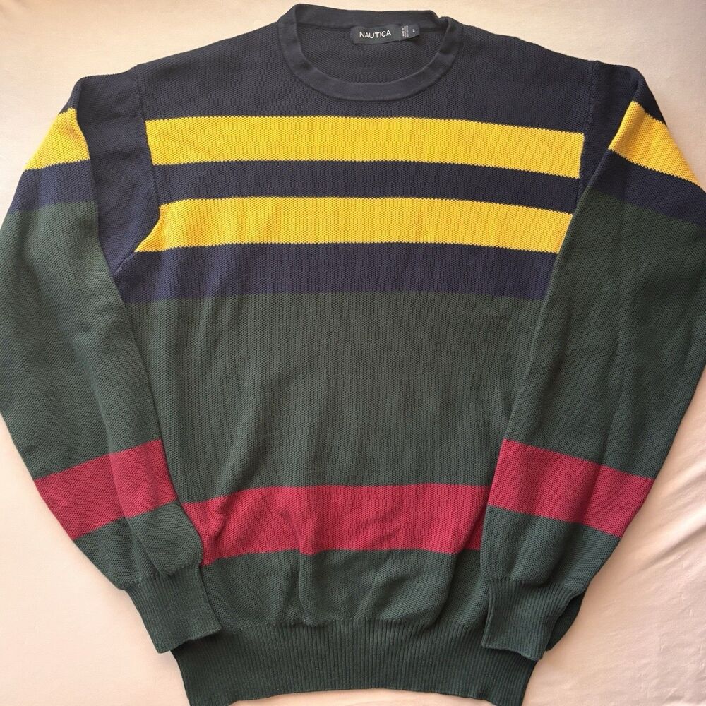 Nautica Men's Striped Multicolor Knit Crew Neck Pullover Sweater L Vintage